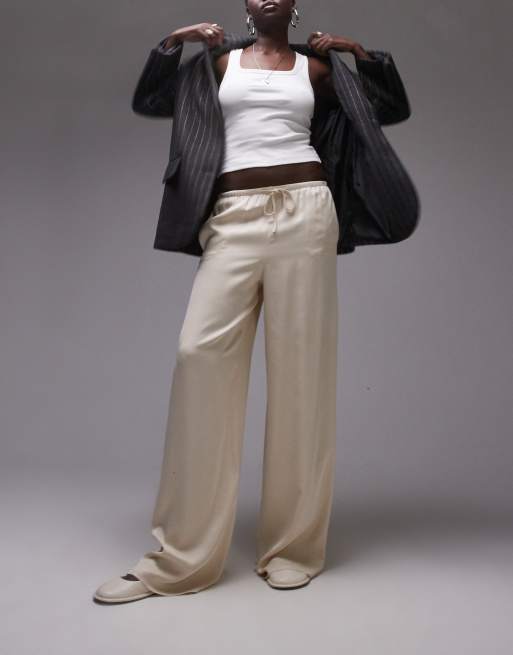 Topshop Tall - Pantaloni in raso color ostrica con coulisse