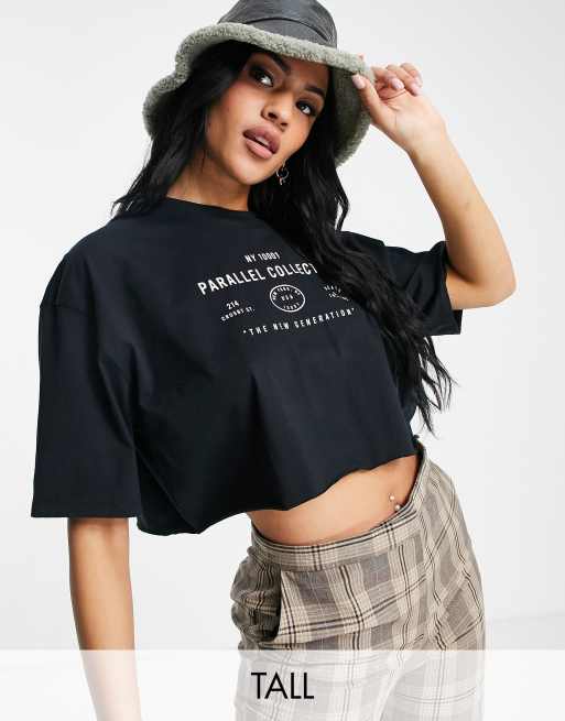 Topshop Tall parallel collective crop tee in black 