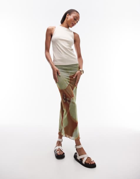 Topshop Tall placement floral print midi skirt in tan  