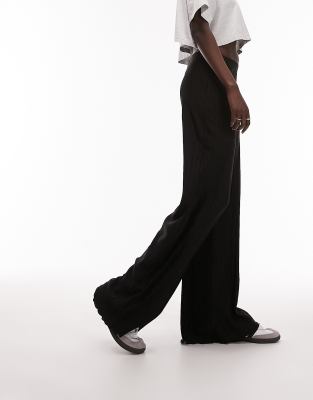 Topshop Tall Plisse Wide Leg Pants In Black