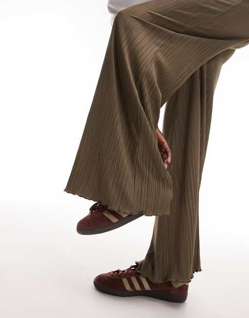 Topshop Tall plisse wide leg pants in khaki, 2 of 4