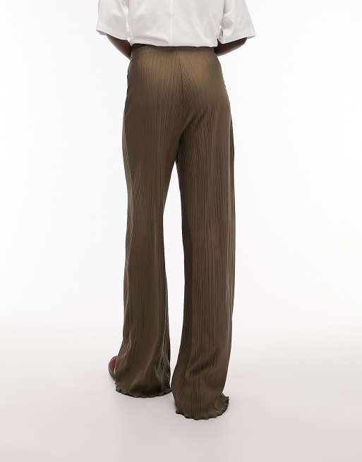 Topshop Tall plisse wide leg pants in khaki, 3 of 4