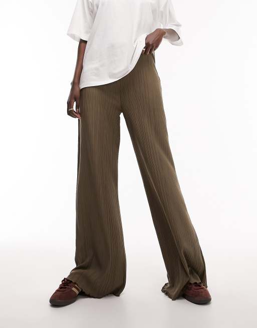 Topshop Tall plisse wide leg tousers in khaki, 4 of 4