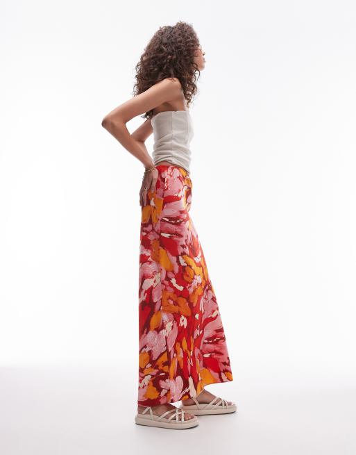 Topshop Tall – Pomarańczowa cięta ze skosu spódnica maxi w kolorowy kwiatowy wzór