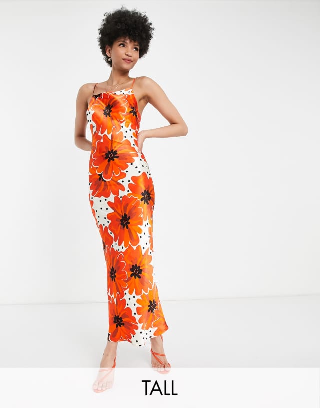 Topshop Tall poppy spot floral midi slip dress in red