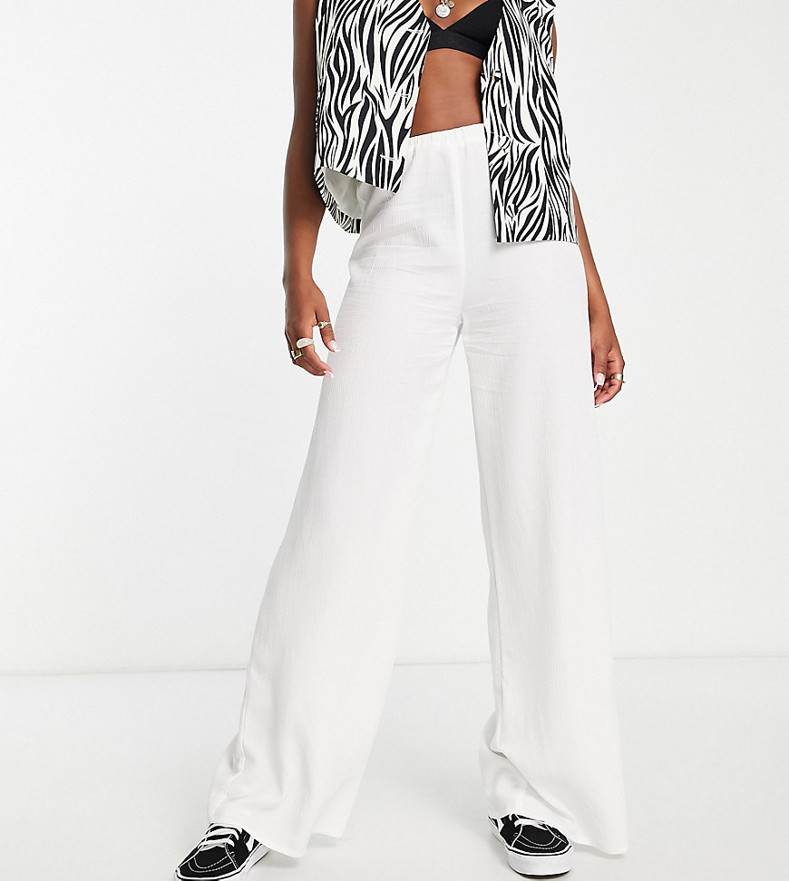 Topshop Tall premium brushed crinkle wide leg trouser in ecru-White