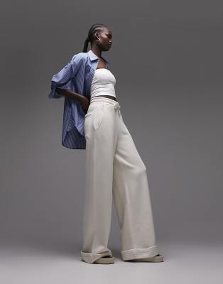 Topshop Tall Premium Wide Leg Turn Back Hem Sweatpants In Ecru-white