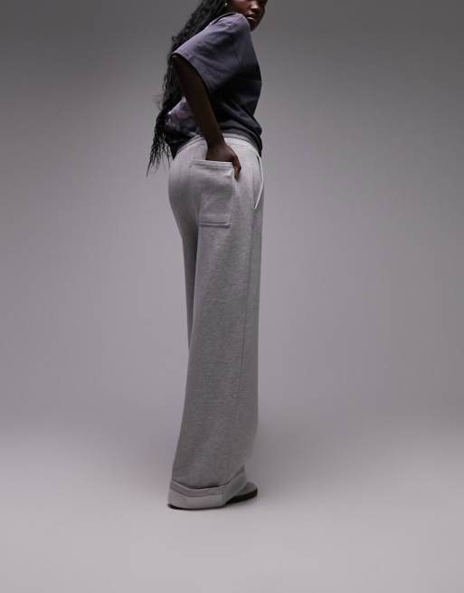 Topshop Tall premium wide leg turn back hem sweatpants in gray, 4 of 5