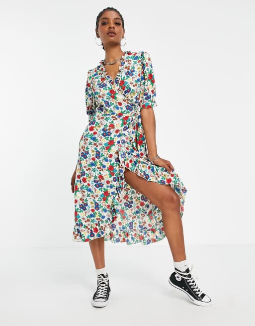 Topshop Tall printed floral midi wrap dress in multi