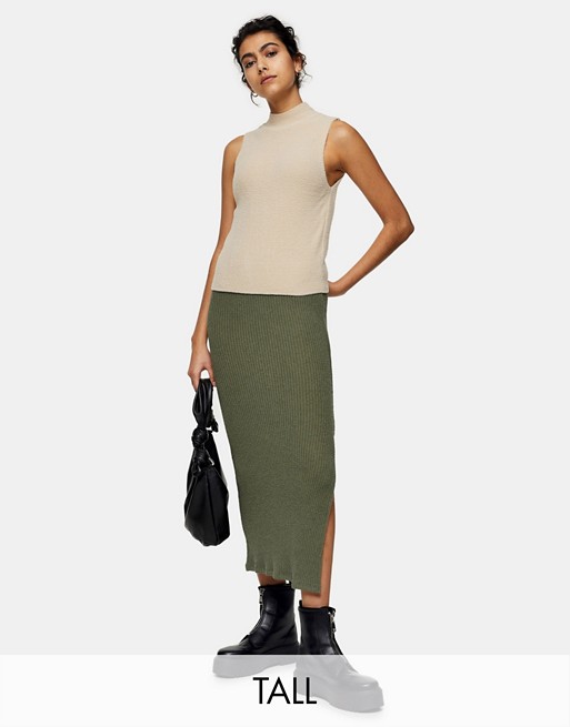 Topshop Tall rib mid skirt with side split in khaki