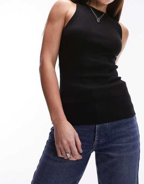 Topshop tall rib slim vest in black