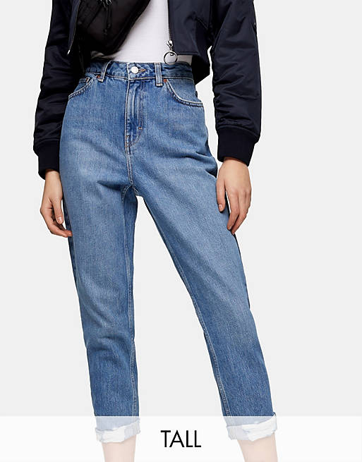 Topshop Tall ripped hem Mom jeans in mid wash