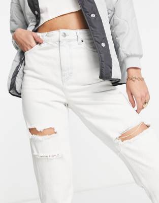 bleach wash double rip mom tapered jeans