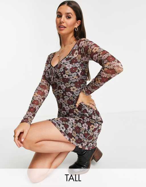 Topshop Tall - Robe courte en jersey style années 70 à décolleté plongeant - Fleurs multicolores 