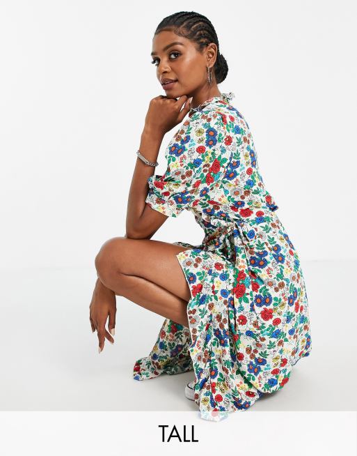 Topshop Tall - Robe portefeuille mi-longue à imprimé fleuri - Multicolore