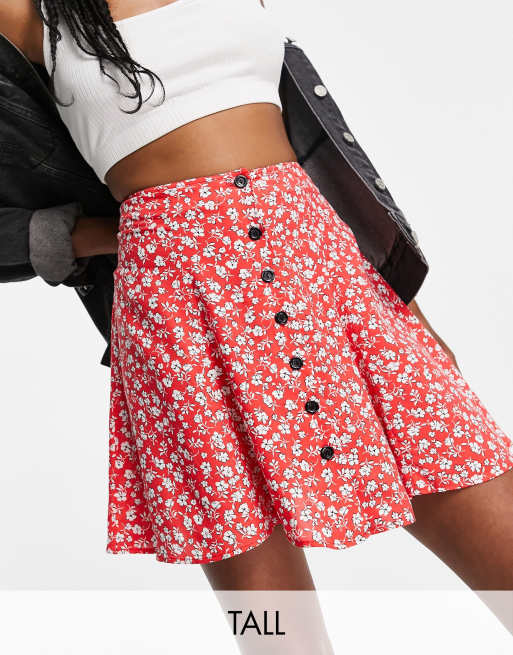 Topshop Tall – Rödblommig, vid kjol med knäppning 