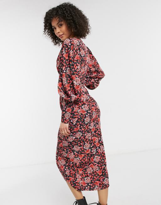 Topshop Tall ruched front midi dress in floral, 2 of 4