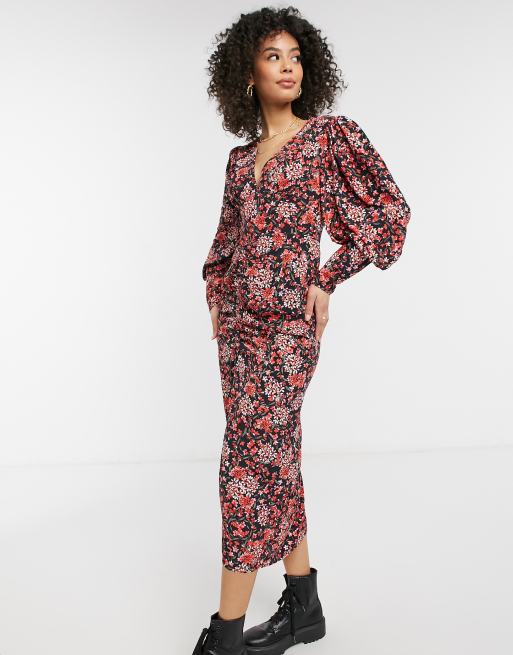 Topshop Tall ruched front midi dress in floral, 4 of 4