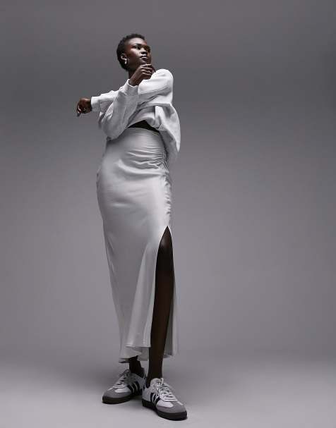 Topshop Tall ruched side maxi skirt in light grey 