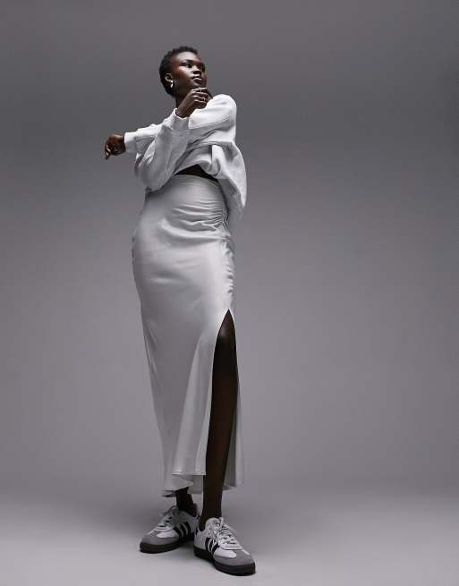 Topshop Tall ruched side maxi skirt in light gray 