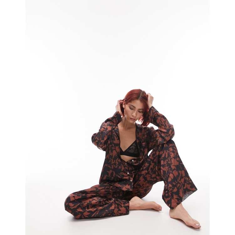 Topshop Maternity Abstract Tiger Print Satin Piped Shirt And Trouser Pyjama  Set In Green for Women