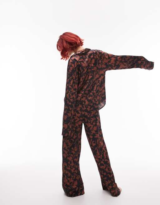 Topshop Tall satin abstract print piped shirt and pants pajama set in  chocolate