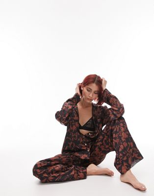 Topshop Tall satin abstract print piped shirt and trouser pyjama set in chocolate