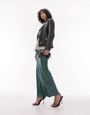 Topshop Tall Satin Bias Maxi Skirt In Forest Green