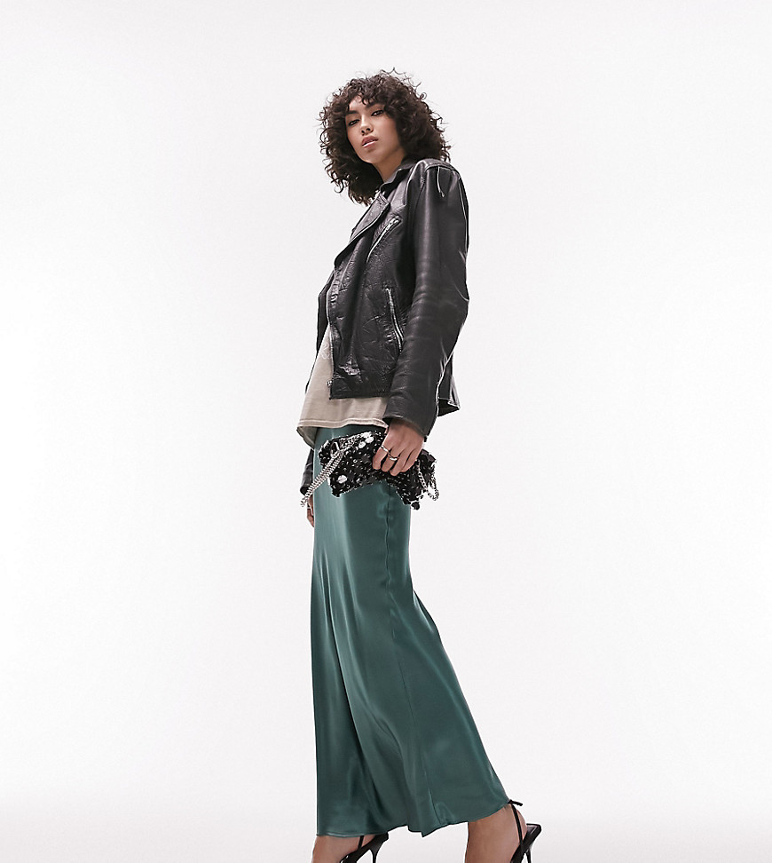 Topshop Tall satin bias maxi skirt in forest green