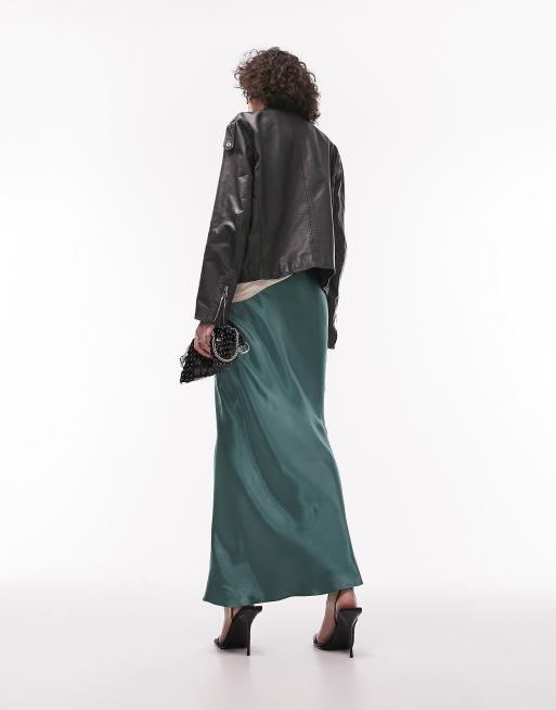 Topshop Tall satin bias maxi skirt in forest green