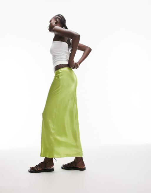 Topshop Tall satin bias maxi skirt in lime