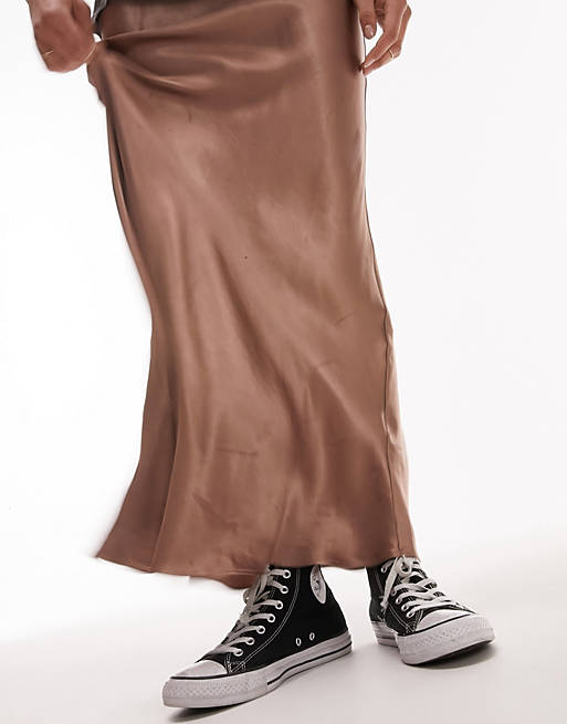 Topshop Tall satin bias maxi skirt in taupe