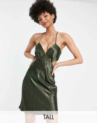 Topshop Tall Satin Cut Out Mini Halter Dress In Teal-blue