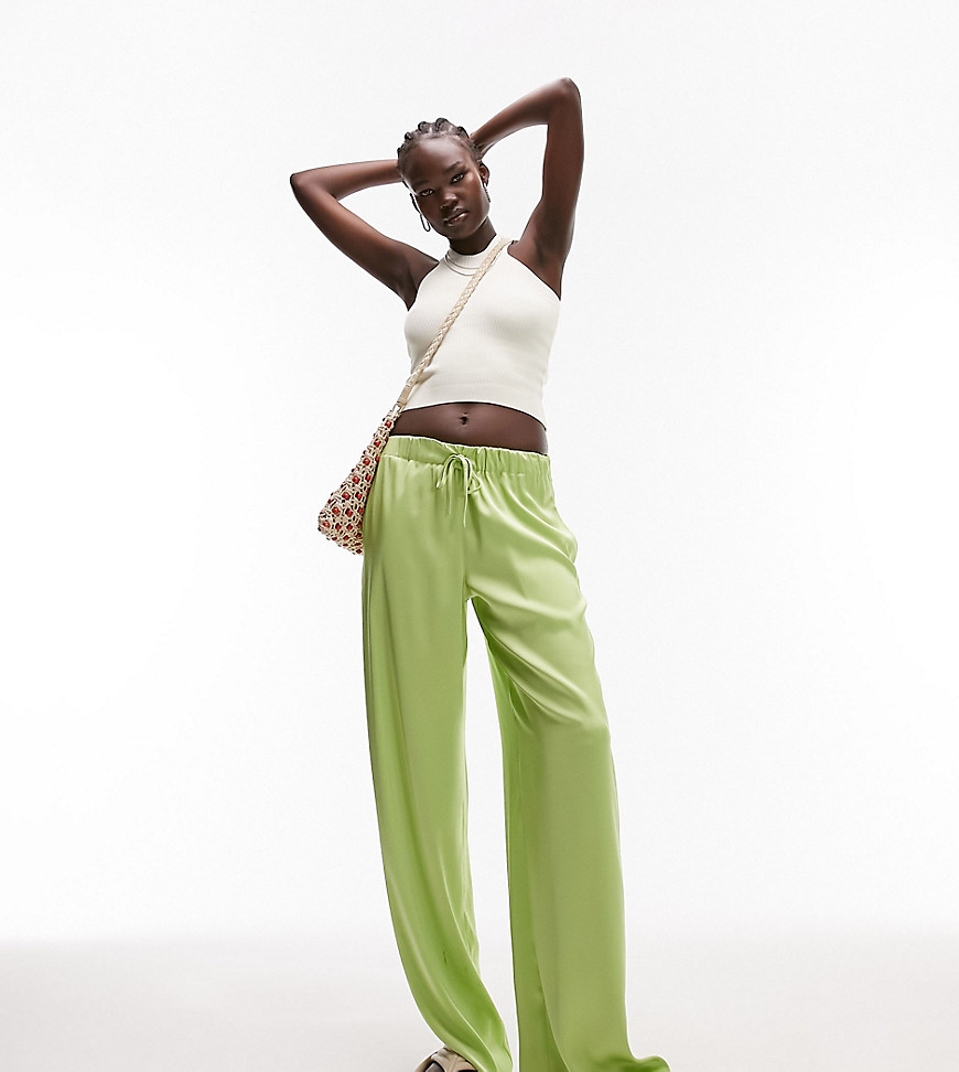 Topshop Tall satin drawstring waist wide leg pants in lime - part of a set-Green