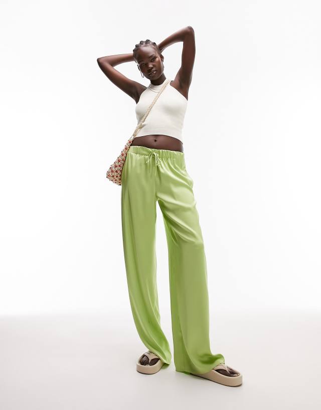 Topshop Tall satin drawstring waist wide leg pants in lime - part of a set