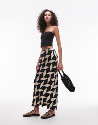 Topshop Tall Satin Maxi Skirt In Mono Geo Print-multi