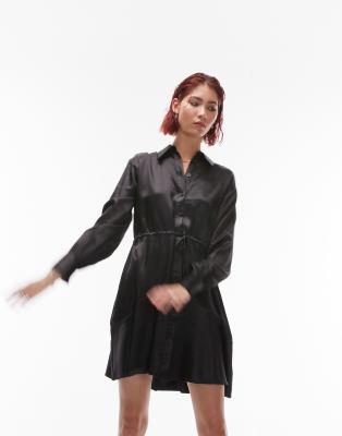 satin tie mini shirt dress in black