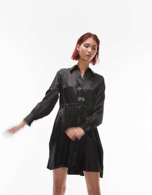 Topshop Tall - satin tie mini shirtdress in black