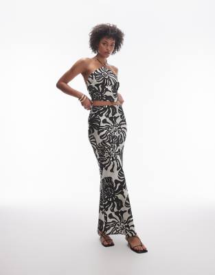 Tall satin twill bias maxi skirt in mono fern smudge print - part of a set-Black