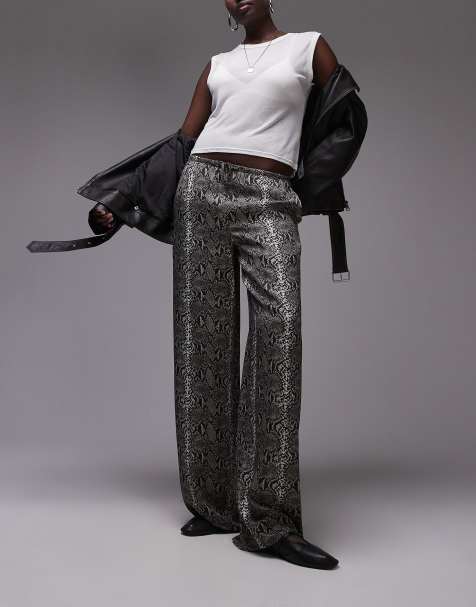 Topshop Tall satin wide leg with tie waist in snake - view 1