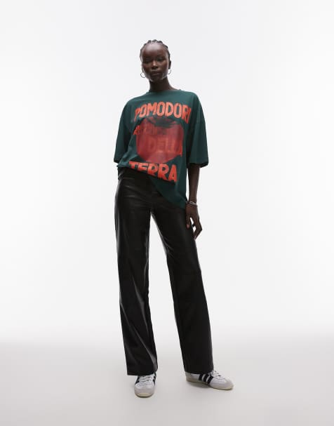 Topshop Tall seam detail straight leg faux leather trouser in black