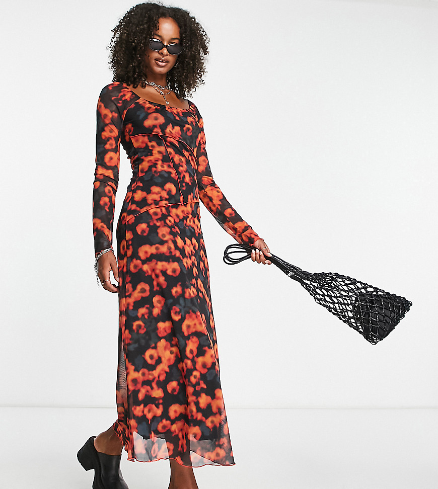 Topshop Tall seamed printed mesh midi tea dress in orange blur floral