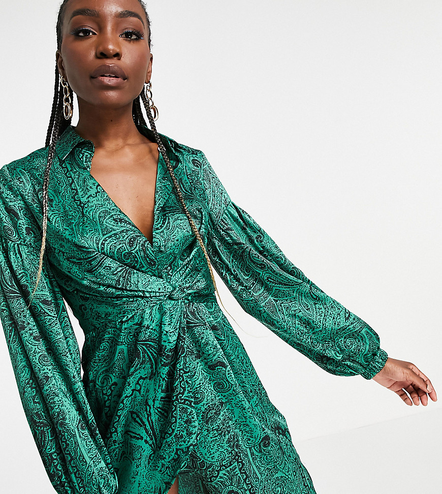 Topshop Tall shirt dress with wrap waist in green