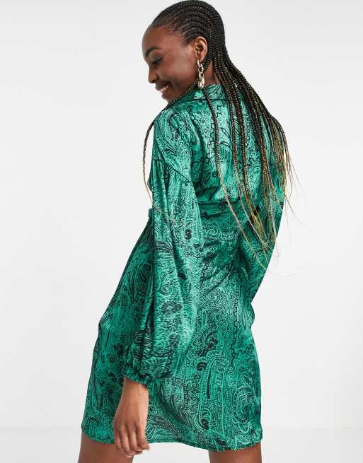 green emerald velvet dress Faux Leather Shirt Dress with Pintuck Waist Ivory / S
