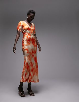 Topshop Tall Short Sleeve Bias Midi Slip Dress In Orange Print