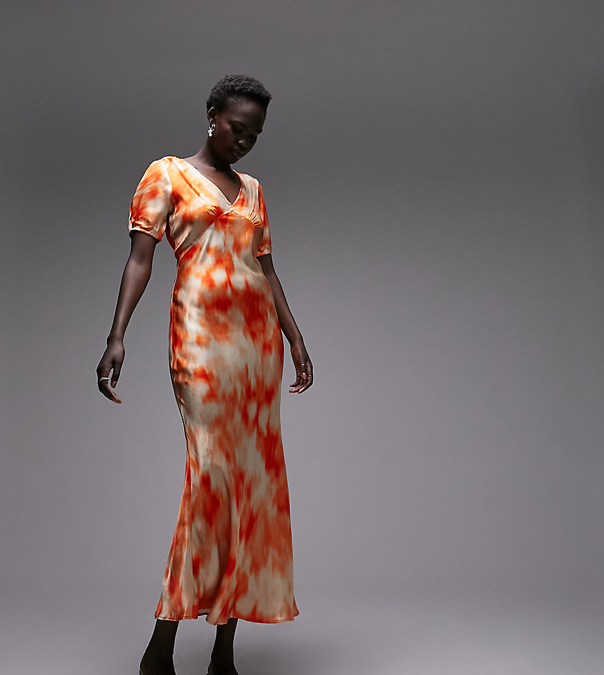 short sleeve bias midi slip dress in orange print