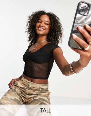 Topshop Tall short sleeve picot trim top in black - ASOS Price Checker