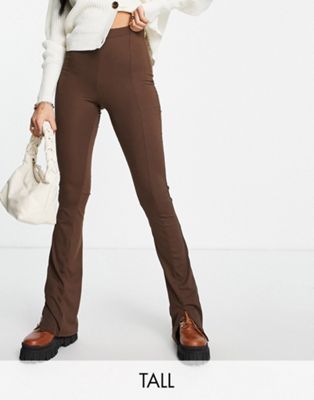 Topshop Tall skinny rib split front flared trouser in chocolate