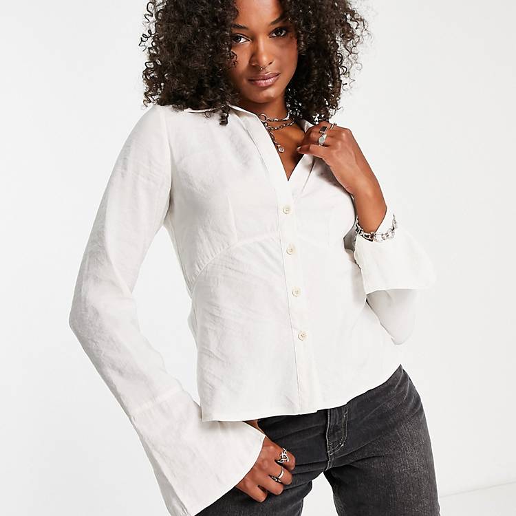 Topshop Tall slim fit open collar shirt in stone | ASOS