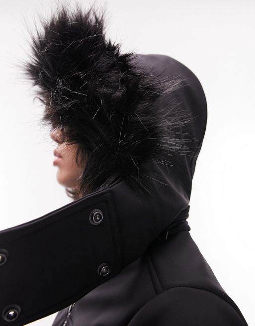 Topshop Sno ski parka coat with faux fur hood in black